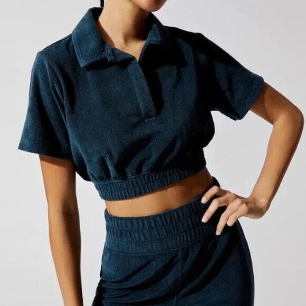 Carbon38 Size XS Micro Terry Cropped Top Navy Blue Short Sleeve Athleisure